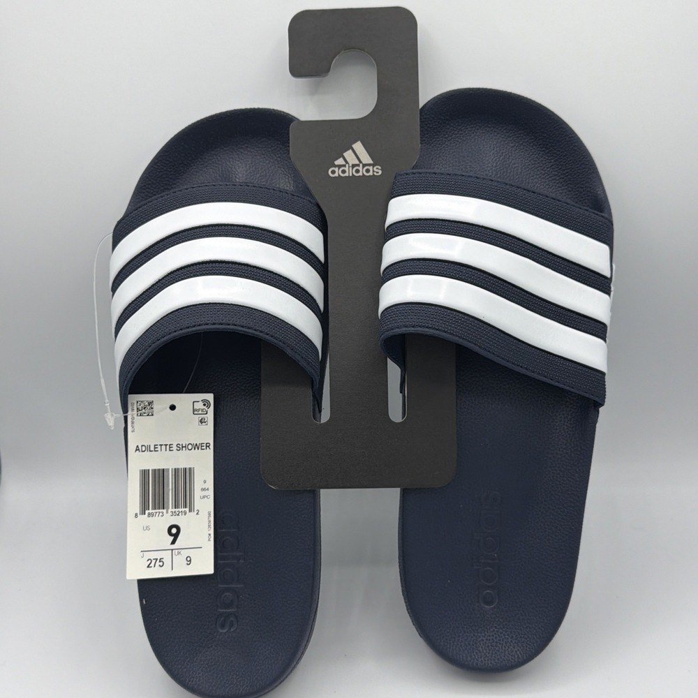 Adidas Adilette Shower Slides Men Size9 Navy Blue White Striped Sandals NEW NWT